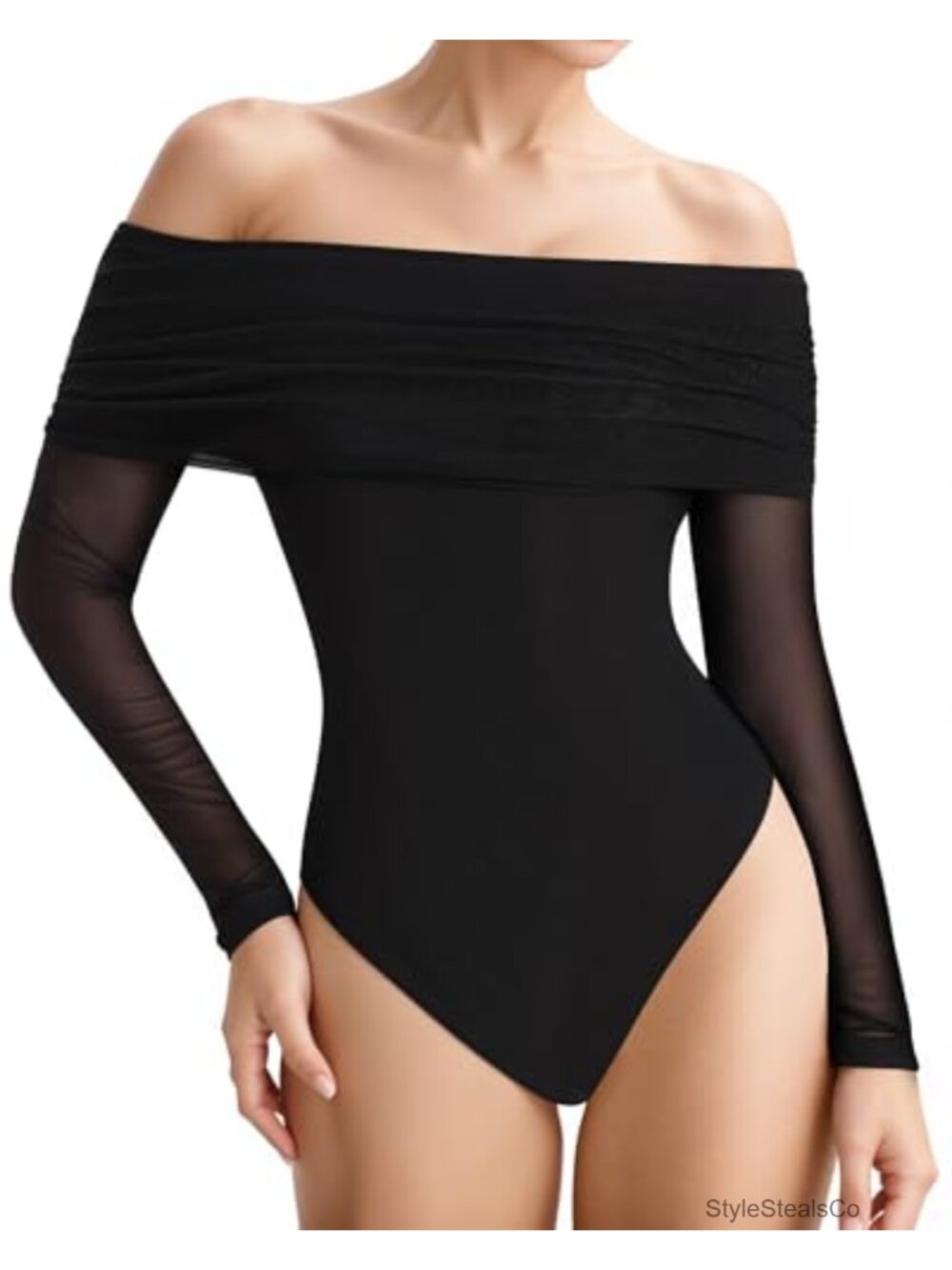 Off The Shoulder Long Sleeve Sheer Mesh Bodysuit Top